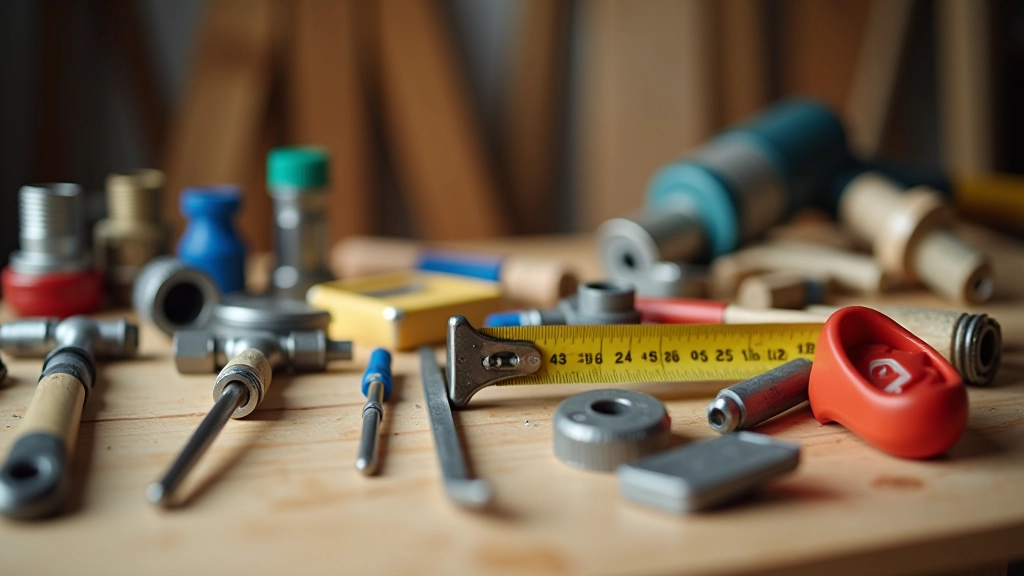 Verschiedene Handwerkswerkzeuge und Materialien ordentlich auf einem Holztisch angeordnet