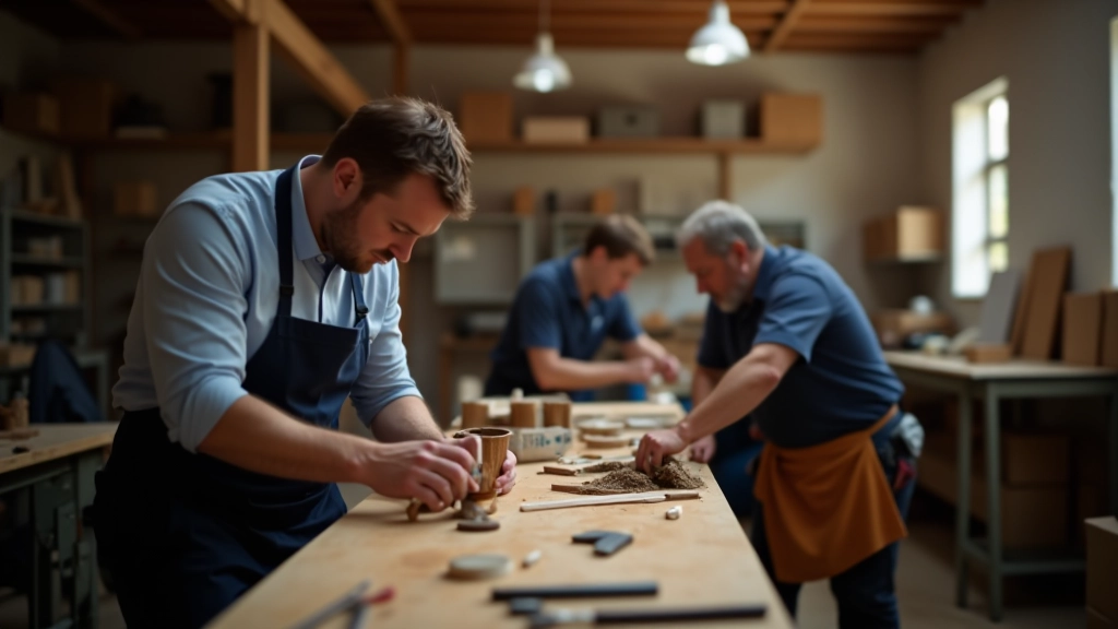 Geschäftiger Handwerksbetrieb mit mehreren Fachkräften bei der Arbeit