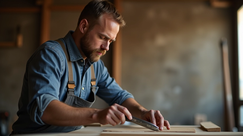 Handwerker bei der Arbeit, mit Werkzeugen und Bauplänen, konzentrierter Blick