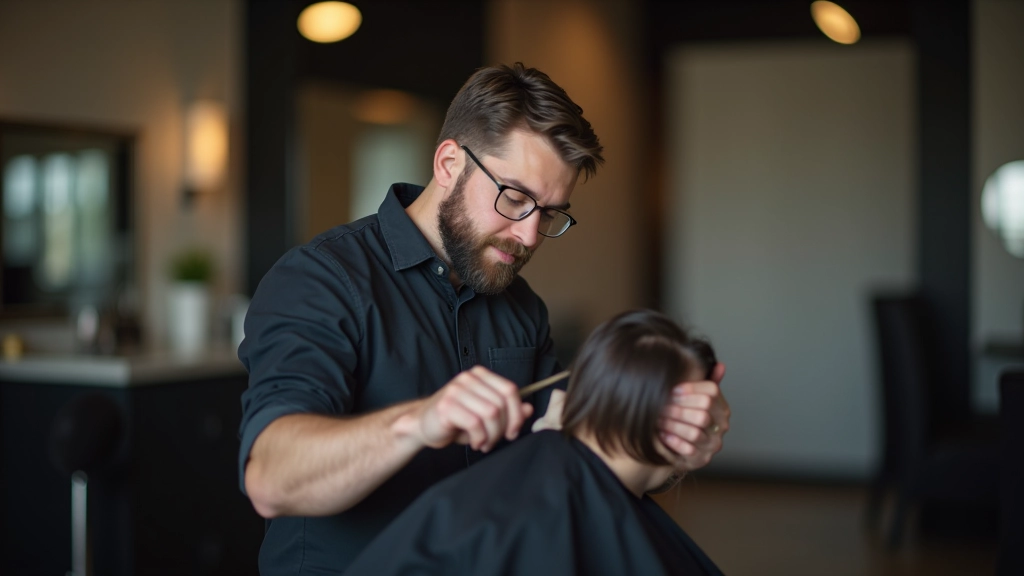 Frisör schneidet konzentriert die Haare eines Kunden mit professioneller Schere