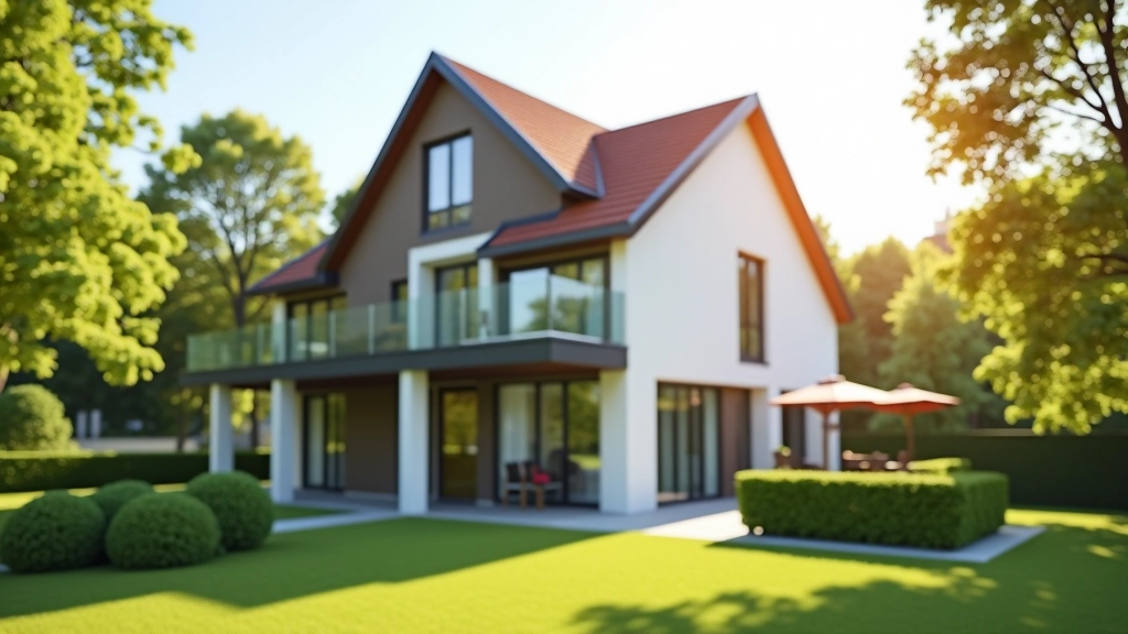 Modernes Haus mit Garten, Außenansicht am Tag, schönes Wohngebäude mit Bäumen