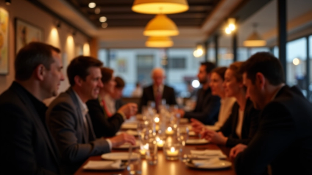 Modernes Restaurant mit Gästen, warme Beleuchtung am Abend