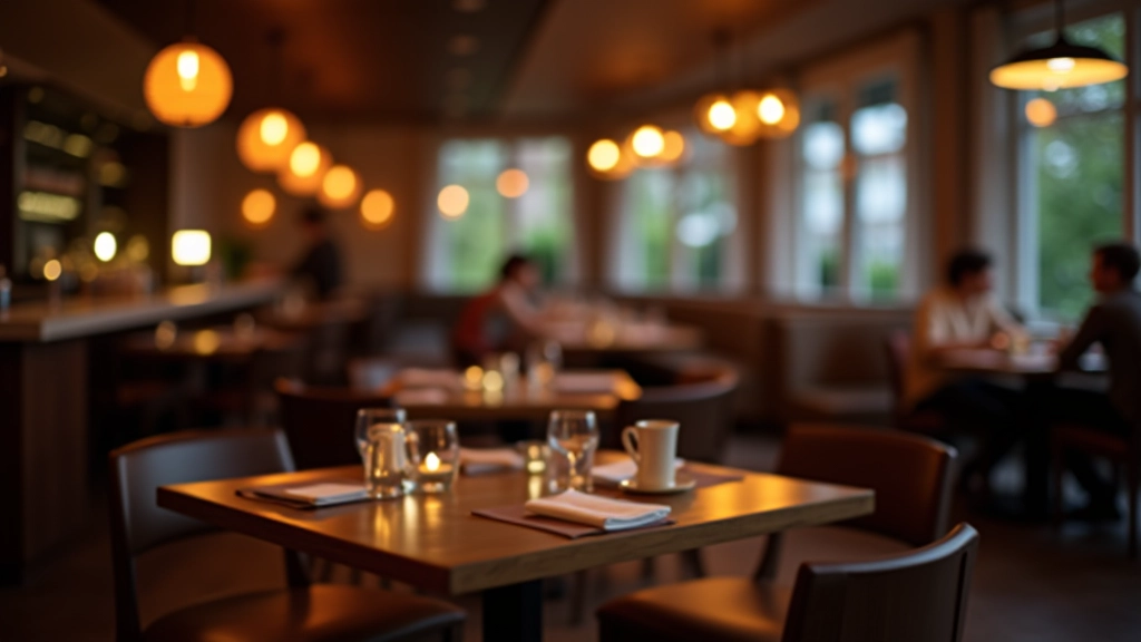 Restaurant mit Tischen und Stühlen, moderne Einrichtung, warmes Licht am Abend