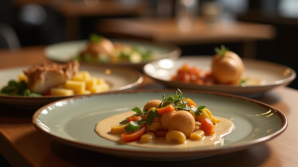 Nahaufnahme von Tellern mit verschiedenen Gerichten auf Restauranttischen, professionelle Anrichtung, gehobene Gastronomie