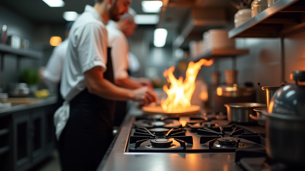 Restaurant-Küche mit Köchen bei der Arbeit, Herd und Kochutensilien, professionelle Küchenumgebung, stainless steel Ausrüstung